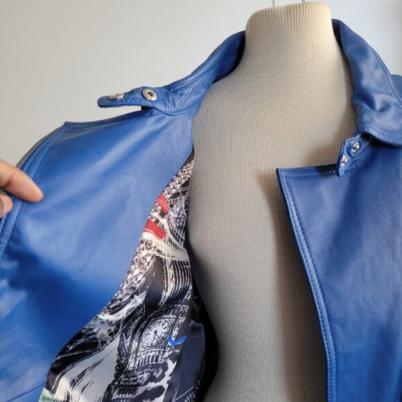 Women's "Twiggy London" 100% Genuine Leather Medium Blue Moto Jacket (Size: 1X) - Picture 7 of 14